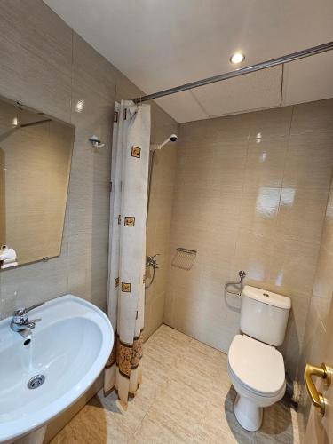 a bathroom with a white toilet and a sink at Юндовата къща in Beli Iskar