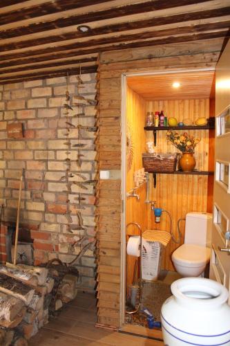 a bathroom with a toilet and a brick wall at PIE OPĪŠA in Cēsis