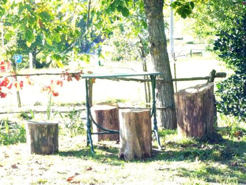 una mesa de picnic entre dos árboles con tres troncos en IL FAGGIO ROSSO, en Missaglia
