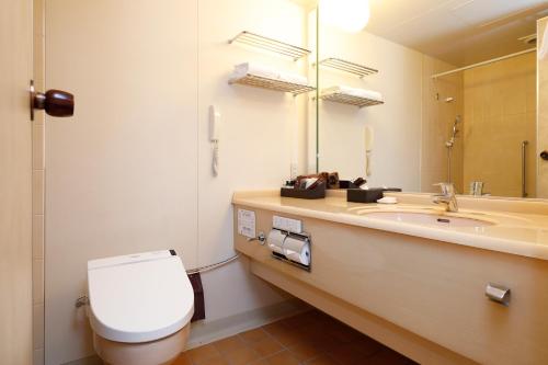 a bathroom with a toilet and a sink and a mirror at Nara Hotel in Nara