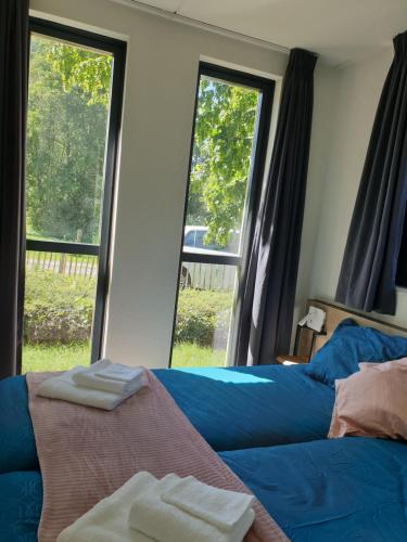 - une chambre avec 2 lits et 2 fenêtres dans l'établissement 6P Vrijstaand Huis met royale tuin en Hottub, à Ewijk