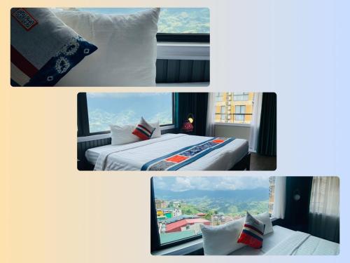 2 fotos de una habitación de hotel con cama y ventana en Swan Sapa Hotel, en Sa Pa
