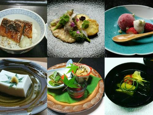 a collage of four different pictures of food at Ryokan Koyokan in Yasugi
