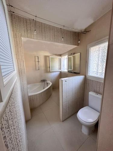 une salle de bain avec toilettes, baignoire et lavabo dans l'établissement L’élégance de la pierre, à Fourques
