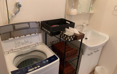 a washing machine in a bathroom with a sink at Oyado Kinokuniya Daikokumachi in Nagasaki