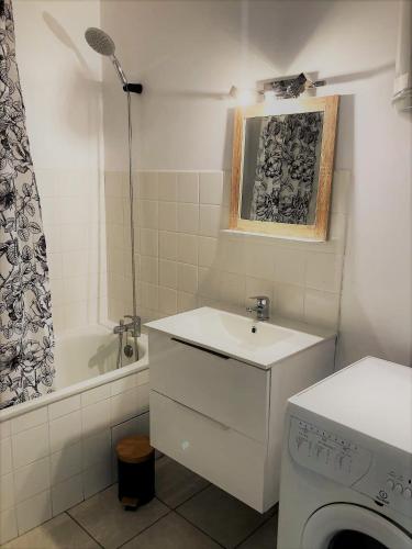 une salle de bain avec un lavabo et une machine à laver dans l'établissement Le Petit Large T2 - vue sur mer, à Saint-Hilaire-de-Riez