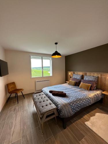 ein Schlafzimmer mit großem Bett und Fenster in der Unterkunft AU COEUR DU TERROIR CHAMPENOIS in Chavot-Courcourt