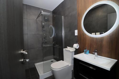 ein Badezimmer mit einem WC, einem Waschbecken und einem Spiegel in der Unterkunft Prestige Miskolctapolca in Miskolc