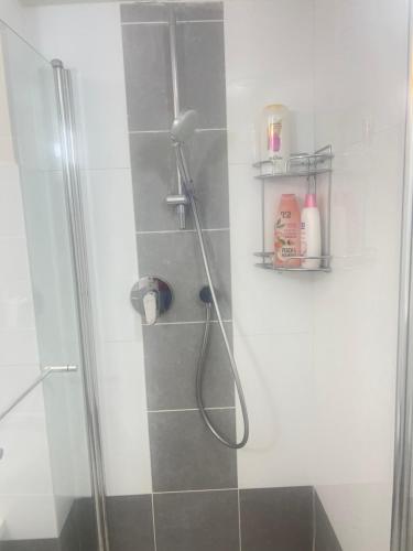 baño con ducha y puerta de cristal en Buchman Cozy 1Bedroom Haven, en Modi'ín