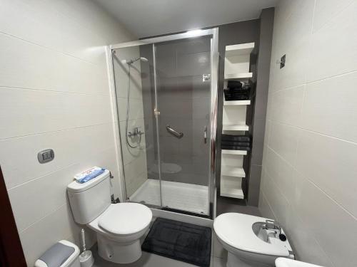 een badkamer met een douche, een toilet en een wastafel bij VV Janoa Playa Canteras in Las Palmas de Gran Canaria