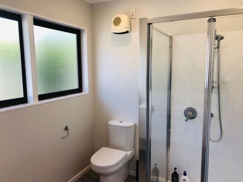 a bathroom with a toilet and a glass shower at Enjoyable Cozy Life Style Villa in Dairy Flat