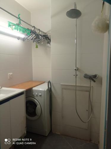 La salle de bains est pourvue d'une douche et d'un lave-linge. dans l'établissement Dormir à Paris, à Paris