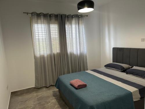 a bedroom with a bed and a large window at Holiday Mandria apt with pool in Paphos