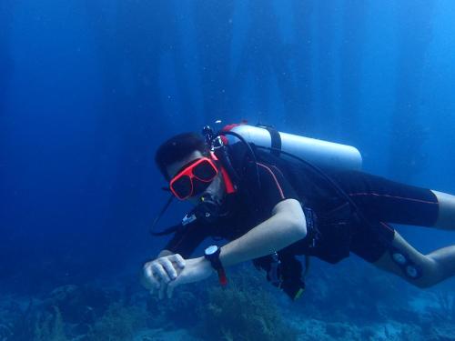 Een man in een duikpak en een rode bril zwemmend in de oceaan. bij Villa Gobernador Bonaire in Kralendijk