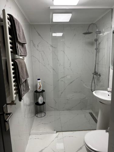 a white bathroom with a shower and a sink at Comfort Apartment in Târgovişte