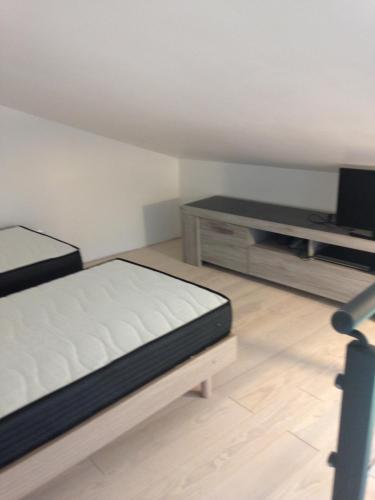 a room with two beds and a tv in it at Le gîte du mas avec piscine in Bourganeuf