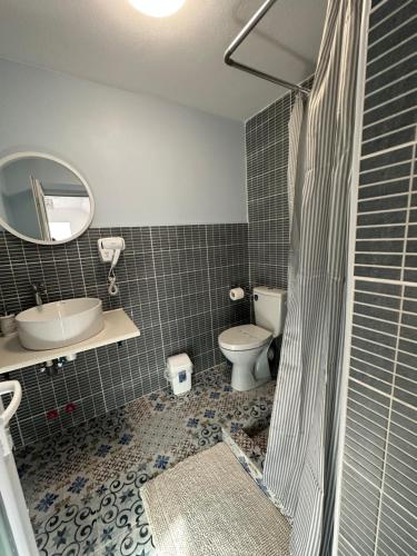 a bathroom with a toilet and a sink and a mirror at VILA ANA in Băile Herculane
