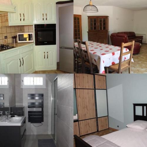 une cuisine avec des placards blancs et une salle à manger avec une table dans l'établissement Villa T3, à Nans-les-Pins