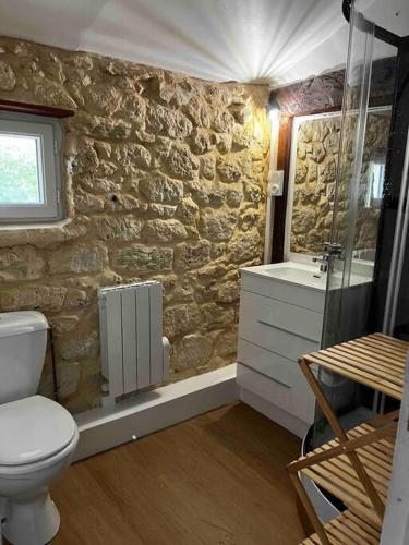 une salle de bain en pierre avec toilettes et lavabo dans l'établissement Gîte Le Perche Rose, à Eymet