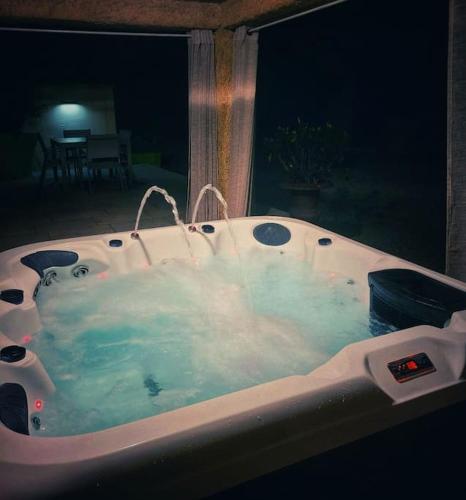 une baignoire remplie d'eau bleue dans la cour dans l'établissement Lo Mas dei Santés, à Bédarrides