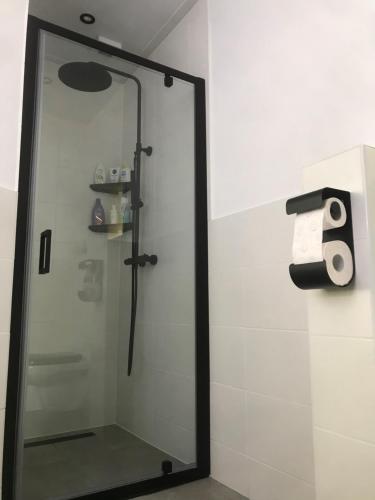 een douche met een spiegel in de badkamer bij Het Dirkbosje in Middelharnis