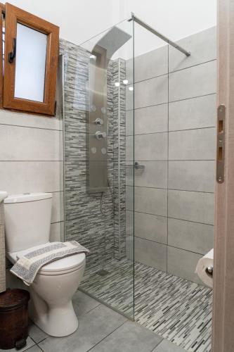 a bathroom with a toilet and a glass shower at Akrotiri Apartments in Makry Gialos