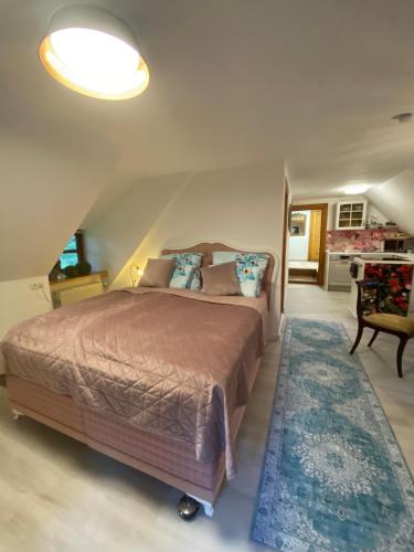 WindbergenにあるStilvolle Ferienwohnung unter Reet in Windbergenのベッドルーム1室(大型ベッド1台、ラグ付)