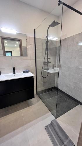 a bathroom with a shower and a sink and a tub at Holdruta Vendégház in Kunfehértó