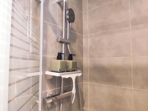 baño con ducha y dispensador de jabón en Cosy Appartement 4P proche 12eme/Vincennes, en Charenton-le-Pont