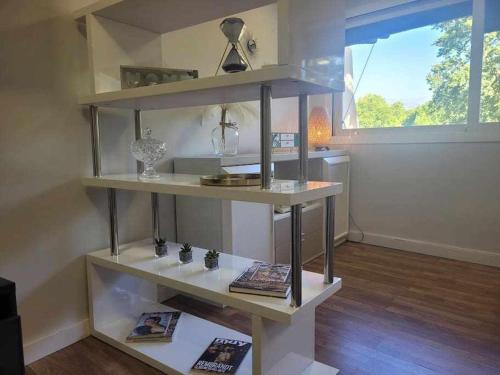 un estante en una habitación con libros y una ventana en Apartamento Lirio de Agua Granada centro, en Granada