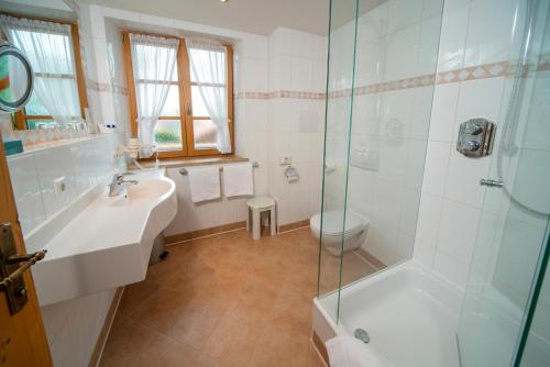 a bathroom with a sink and a shower and a toilet at Landhotel Hoisl-Bräu in Penzberg