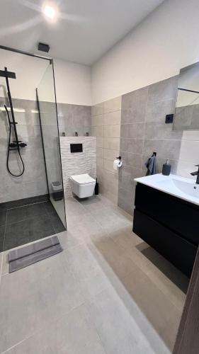 a bathroom with a sink and a shower and a toilet at Holdruta Vendégház in Kunfehértó
