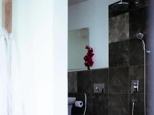 a bathroom with a shower with a mirror at homeland bro in Dar es Salaam