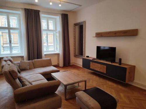 a living room with a couch and a flat screen tv at Bookstyrian1 in Graz