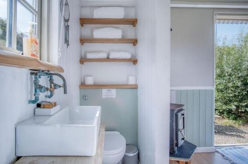 Baño pequeño con lavabo y aseo en Haven View - 1 Bedroom Shepherds Hut - St Ishmaels en Saint Ishmaels