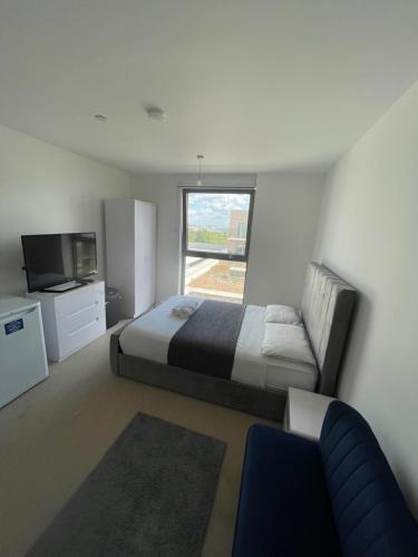 - une chambre avec un lit, une télévision et un canapé dans l'établissement The Perfect inn, à Londres
