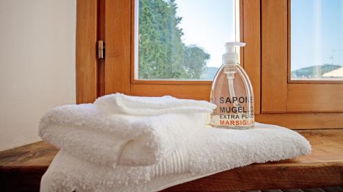 eine Flasche Seife auf einem Handtuch neben einem Fenster in der Unterkunft Appartamento nel verde a Firenze in Settignano