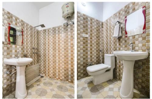 two pictures of a bathroom with a sink and a toilet at Hotel Golden Height in Chandīgarh