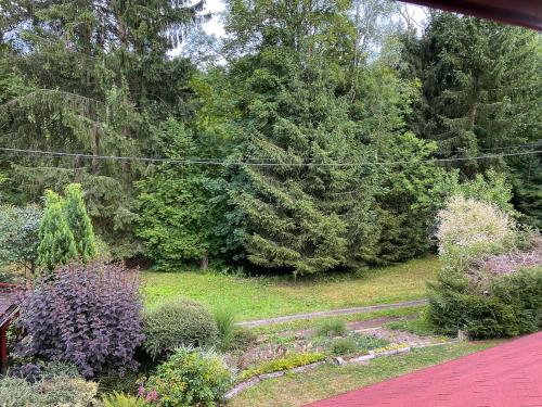 a garden with trees and shrubbery and a yard at Chaloupka v Českém Ráji in Semily
