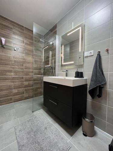 a bathroom with a sink and a mirror at Apartmán U Potoka in Dolní Morava