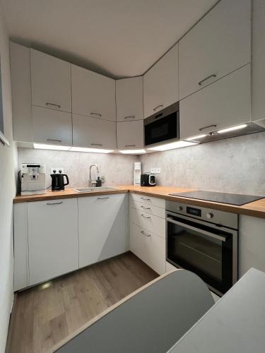 cocina con armarios blancos y encimera en Apartmán U Potoka, en Dolní Morava