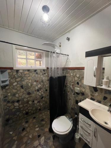 a bathroom with a toilet and a sink at Chalé no mar de nuvens - Serra da bocaina in São José do Barreiro