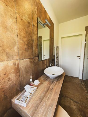 a bathroom with a sink and a large mirror at Agriturismo Villa Tadina in Gualdo Tadino