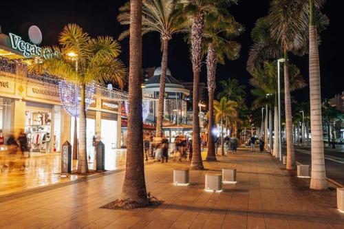 a group of palm trees on a street at night at Las Americas - 2 bedrooms - Flayla-A in Arona