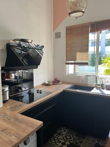 una cucina con piano cottura, lavandino e finestra di Appart' Bleu Soleil a Filaos