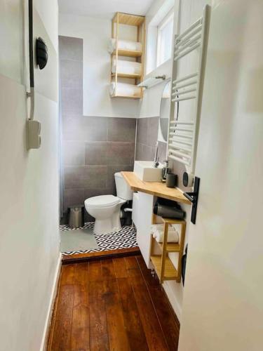 a small bathroom with a toilet and a sink at Heerlijk appartement Centrum Breda en restaurant! in Breda