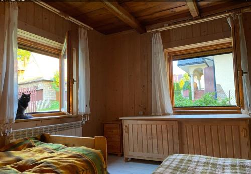 a bedroom with a bed and a cat looking out the window at domek w wsi Ząb in Ząb