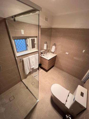 a bathroom with a toilet and a sink and a shower at Close to CBD Renovated Cottage in Prospect