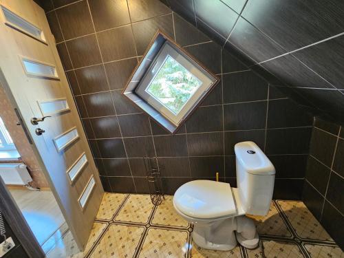 a small bathroom with a toilet and a window at Square apartments in Rokiškis