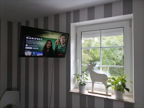 Gästezimmer Mitten in Angeln في Mittelangeln: تلفزيون بشاشة مسطحة على نافذة مع غزال على حافة النافذة
